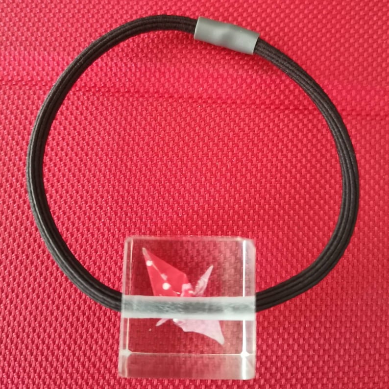 Mini Eternity Origami Crane in Epoxy Cube with hair tie