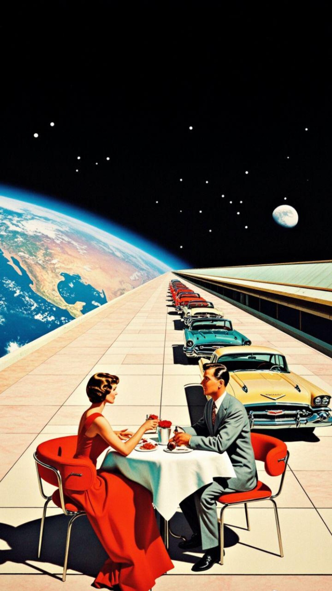 Retro Sci-fi Wall Art | 1950s Couple Dining in Space | Mid Century ...