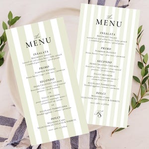 Plantilla de menú de cena con acuarela personalizada para la Riviera Francesa italiana, menú tradicional, menú de acuarela, rayas gruesas, rayas finas