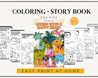 Pode incluir: Um livro para colorir e histórias para crianças de 3 a 6 anos. O livro apresenta dinossauros e o título "Viver com um coração feliz".