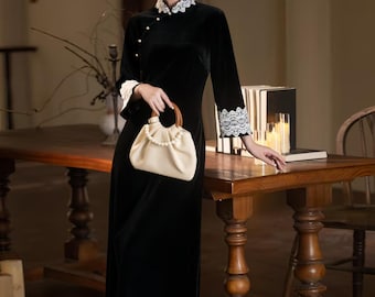 Azul Tencel Lino Vestido Cheongsam, Elegante Qipao Estilo Nuevo Chino Antiguo Shanghai, Traje Oriental Largo Diario con Patrones Geométricos