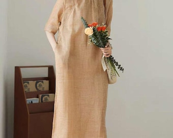 Lange qipao hanfu-rok, vintage Chinese jurk, natuurlijk ramie linnen, Aziatische minimalistische stijl, boho etnische mode, grote maten, retro