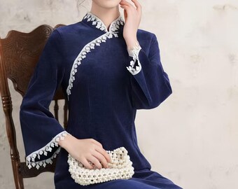 Vestido Qipao Azul Marino de Chenille,Qipao Vintage Moderno para Mujer,Elegante Vestido Cheongsam Estilo Chino,Vestido Largo Ajustado Floral