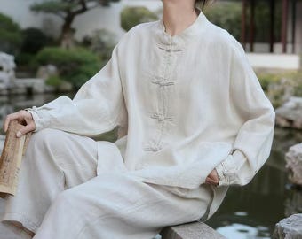 Vintage-Leinenjacke aus China, Leinenmantel, minimalistische orientalische Kleidung, Vintage-Tang-Bluse, nachhaltige Mode, Teezeremonie