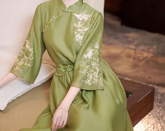 Groene Hanfu-jurk, Zen-meditatiejurk, etnische kleding voor vrouwen, vintage culturele kleding, elegant cadeau voor moeder, lente en zomer