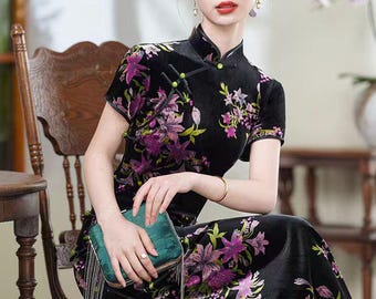 Stretch Velvet Oriental Dress, Vintage Chinese Qipao Dress, Republican Era Cheongsam, Floral Black Cheongsam, Sizes larges m-5xl, gift