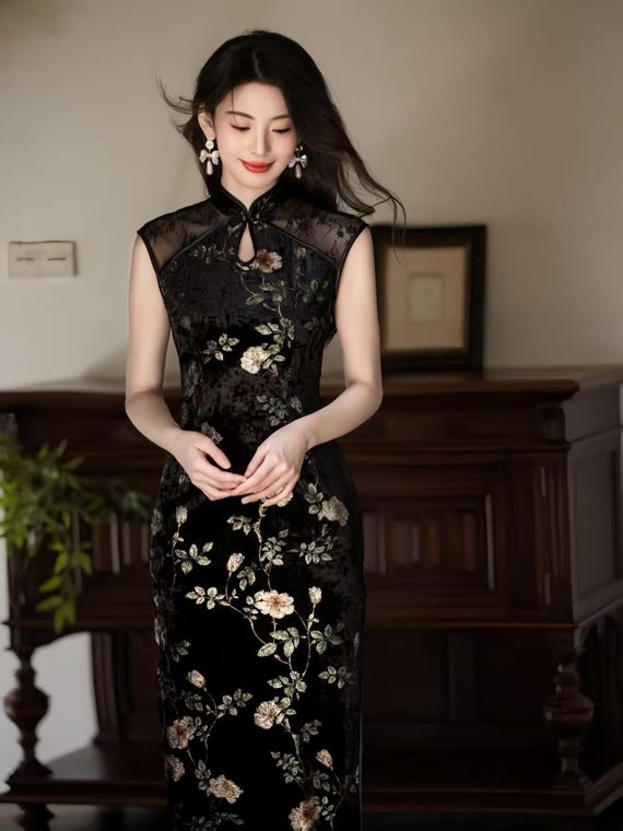 oriental cocktail dress Black Velvet Floral Cheongsam Dress, Elegant Chinese Qipao Midi Dress, Modern Evening Gown, Vintage Slim Fit Wedding Guest 25_all_small or a summer garden When choosing bridesmaids dresses, Cheongsam dress Size:4 (US 12-14)