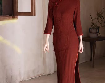 Black Jacquard Knit Qipao Dress, Elegant Chinese Cheongsam, Vintage Oriental Formal Dress, Classic Mandarin Collar, Slim Midi Gown, gift