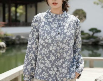 Hemdjacke aus Leinen-Baumwoll-Jacquard, chinesische Vintage-Bluse, orientalisches Oberteil mit künstlerischem Muster, Retro-Oberbekleidung, minimalistische Vintage-Bluse