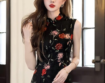 Vintage zwarte oosterse jurk voor dames, moderne Chinese stijl qipao-jurk met bloemenprint, getailleerde cheongsam-jurk, elegante avondjurk