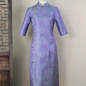 Brocade Song Qipao Dress, Violet Chinese Cheongsam with Auspicious Wave Pattern, Ideal for Tea Ceremony, Elegant Gift for Her