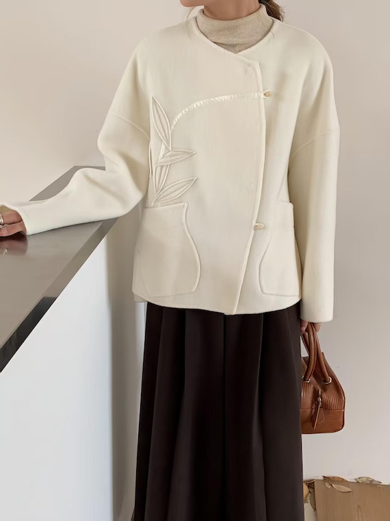 Abrigo chino, chaqueta minimalista de estilo Tang Zen, abrigo bordado con motivos de bambú, ropa vintage hecha a mano,para ceremonia del té.