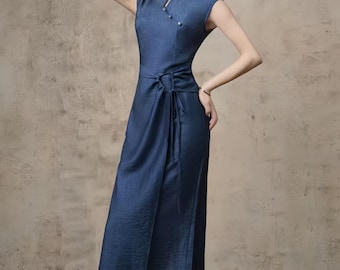 Cheongsam van Tencel-linnen, elegante oosterse jurk, nieuwe Shanghai-stijl, moderne qipao-jurk, minimalistische Aziatische mode, cadeau voor haar