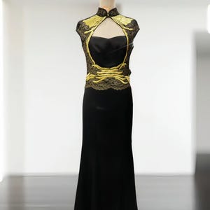 Mermaid Qipao Gown, Black Satin Cheongsam Dress, Luxury Chinese Evening Dress, Formal Cheongsam for Wedding, Custom Chinese Banquet Dress