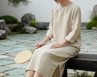 Vintage kinesisk linneklänning, morgonrockklänning, minimalistisk zenstil, inspirerad av orientalisk cheongsam, lös sommarklänning
