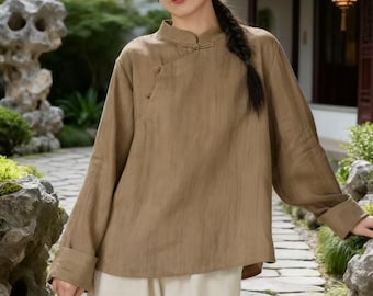 Vintage Chinese Linen Shirt, Zen Minimalist Blouse, Oriental Retro Stand Collar Top, Handmade Tang Style Blouse, Natural Loose Fit Shirt
