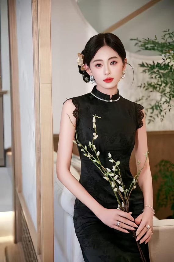 asian style cocktail dresses Black Elegant Vintage Oriental Slim Fit Mid Chinese Cheongsam Dress Dress, Mandarin Collar Evening Dress, Inspired Party Dress Size:W36/32