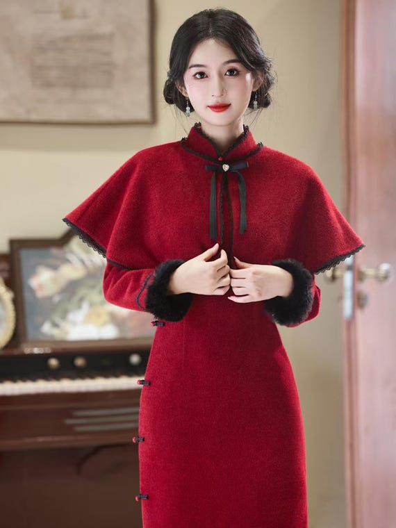 winter cheongsam dress Oriental Wedding Engagement Toast Dress,Elegant Asian New Year, Faux Mink Qipao Set,Modern Chinese Long Sleeve Outfit The traditional Chinese frog _okendo:syndication_key:CL135995002 Sexy Knit Deep V-Neck Size:40D