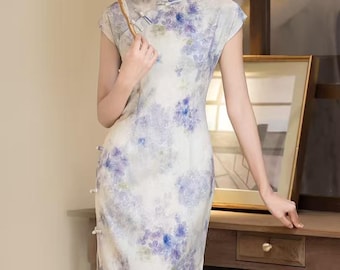 Purple Floral Qipao Dress, Tencel Linen Chinese Cheongsam, Modern Oriental Slim Fit Dress, Minimalist Midi Chinese Dress for Women