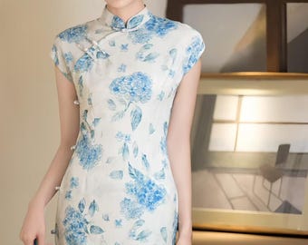 Blue Linen Qipao Dress, Modern Chinese Cheongsam Dress, Floral Oriental Slim Fit Dress, Elegant Chinese Linen Midi Dress, Gift for her