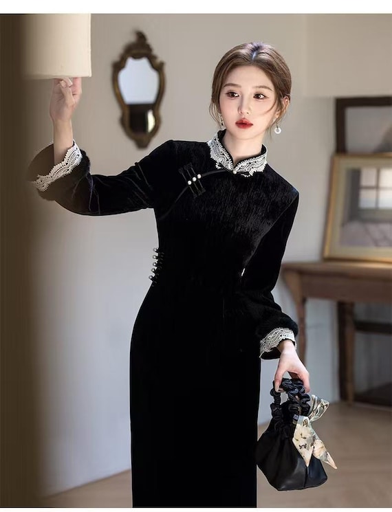 oriental black dress Black Floral Jacquard Sleeveless Qipao Cheongsam Dress, 2XL