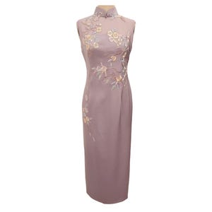 Purple Silk Cheongsam Dress, Handmade Embroidered Qipao,Custom Tang Dress,  Oriental Formal Dress,Wedding Guest Outfit,Chinese Evening Gown,