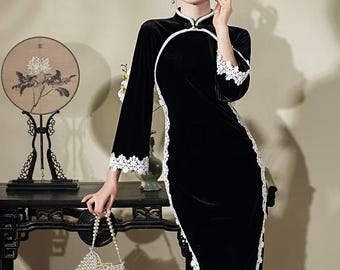 Vestido Qipao negro estilo vintage chino, cheongsam retro inspirado en la era republicana,vestido oriental elegante elástico,fiesta nocturna