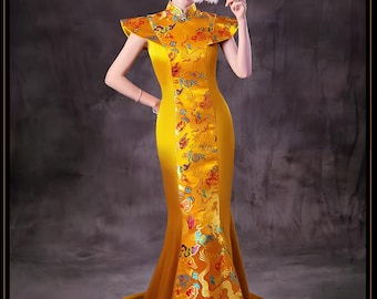 Chinese Qipao-jurk, geborduurde satijnen zeemeerminjurk, luxe cheongsam met draak en feniks, moderne oosterse baljurk, formele Aziatische jurk