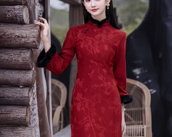Red Winter Qipao Dress, Fleece Lined Jacquard Knit Cheongsam, Chinese Formal Dress, Vintage Oriental Evening Gown, Classic Mandarin Collar