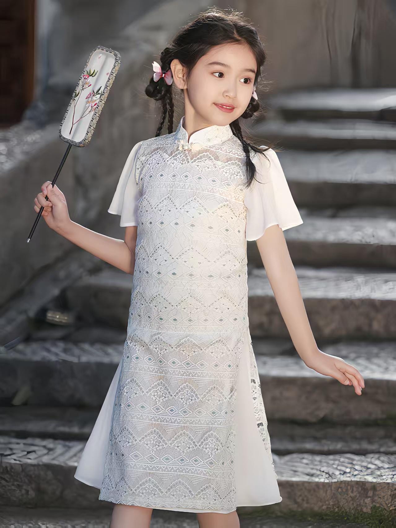 chinese dress ladies Long Sleeve Floral Lace Cheongsam Toasting Dress Wedding Gown Ivory / XL