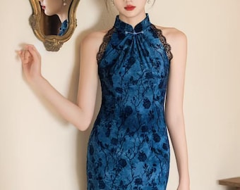 Vestido Qipao Halter Morado, Cheongsam Chino de Seda de Leche Flocada, Vestido Oriental Moderno Ajustado, Vestido Midi Elegante de Noche