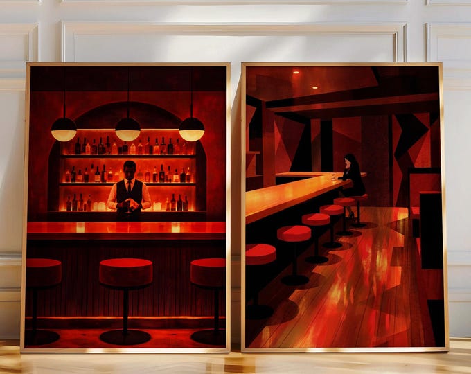 Retro Cocktail Lounge Poster Set | Vintage Red Bar Scene Wall Art | 1950s Bar Decor | Speakeasy Home Bar Prints | Set of 2 Posters