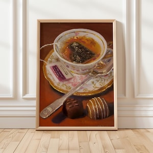 Tea Cup Oil Painting Poster: Elegant Kitchen Decor Wall Art Print