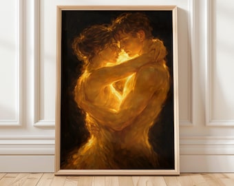 Luminous Embrace Poster | Romantic Couple Wall Art | Golden Light Painting | Soulmate Love Art | Sensual Fine Art Print