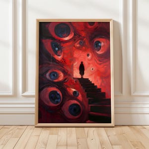 Surreal Red Eyes Wall Art Print | Shadow Figure on Stairs Poster | Dark Aesthetic Home Decor | Cinematic Horror Art | Moody Minimalist Print