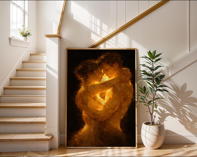 Luminous embrace wall art with glowing couple