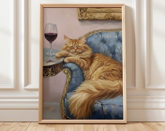 Elegant Wine Cat Art Print | Orange Cat with Wine Glass | Retro Bar Wall Art | Whimsical Vintage Cat Poster | Mid Century Lounge Decor