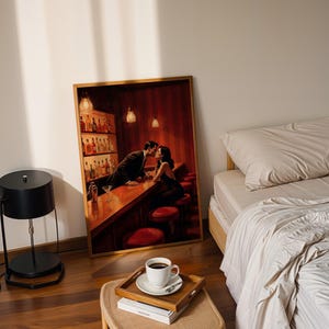Retro lounge decor print featuring a kissing couple at a bar