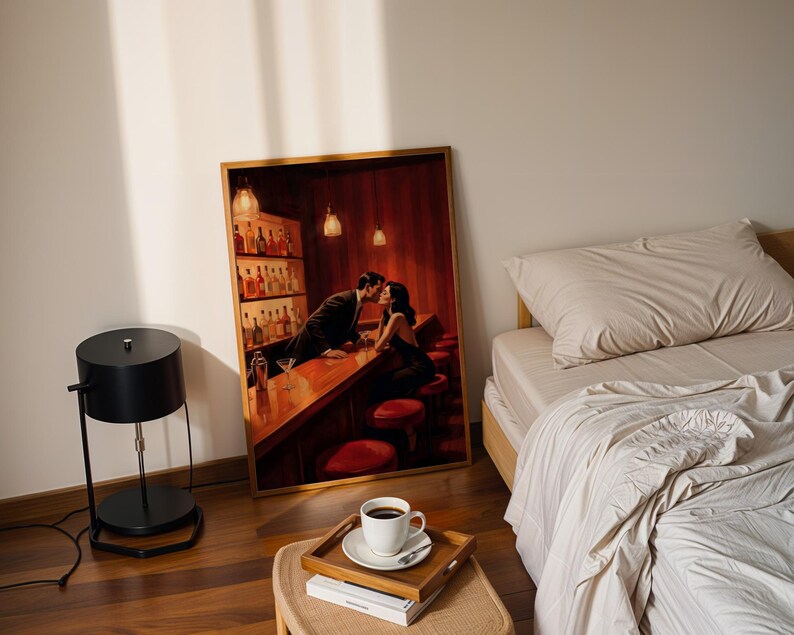 Retro lounge decor print featuring a kissing couple at a bar