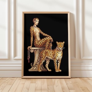 Elegant leopardmönstrad kvinnaposter | Moderiktig väggkonst | Snygg heminredning | Chic konsttryck