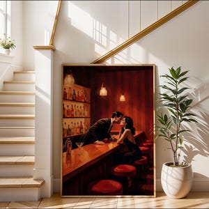 Mid century modern wall art with romantic couple in classic lounge setting