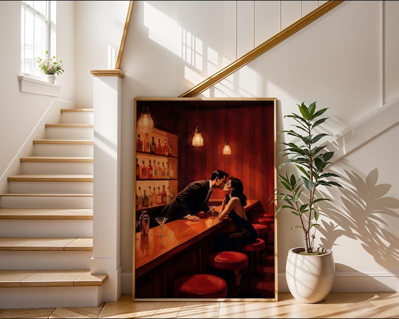 Mid century modern wall art with romantic couple in classic lounge setting