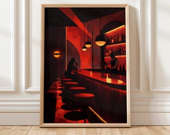Op de afbeelding: Ingelijste kunstdruk met een gestileerde barscène. Het kunstwerk heeft een rood en zwart kleurenpalet, met een bar, krukken en een barman. Een persoon zit aan de bar. De print zit in een houten lijst.