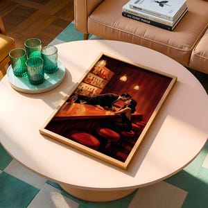 Classic retro bar poster with cinematic couple kissing scene
