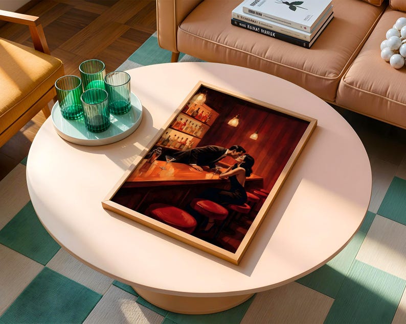 Classic retro bar poster with cinematic couple kissing scene