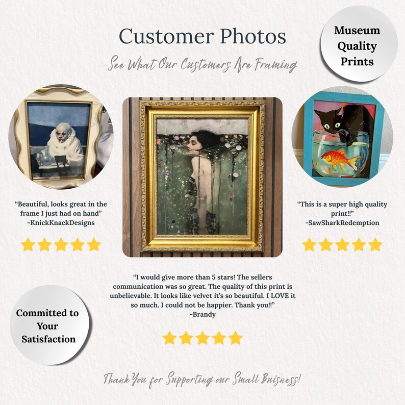 May include: Customer photos showcasing framed art prints. The image features three framed art pieces: a portrait of a person, a woman in a green setting, and a cat with a goldfish. Text includes customer reviews and the phrase "Museum Quality Prints."