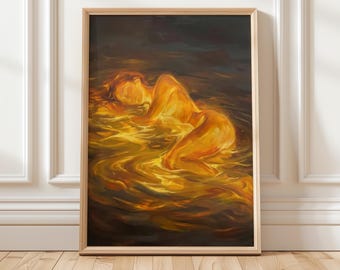 Golden Woman in Water Fine Art Print | Romantic Vintage Wall Art Poster