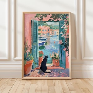 Póster de pintura "Serenidad de gato", arte mural inspirado en Matisse, regalo para amantes de los gatos, decoración felina minimalista, decoración de habitaciones, impresión artística de naturaleza felina