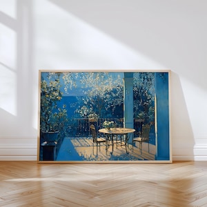 Pintura nocturna serena, decoración de ensueño para el hogar, arte mural floral azul, ambiente acogedor, regalo perfecto para amantes del arte, decoración artística para habitaciones.