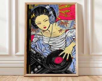 Beautiful Japanese Geisha DJ Wall Print | Vintage Dj Art | Classic
